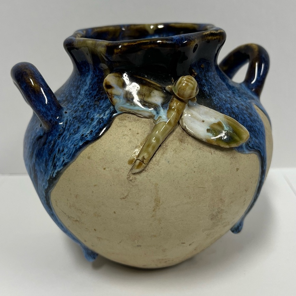Vintage Ceramic Vase Roku Drip With Dragonfly 6” Blue And Sand Tone